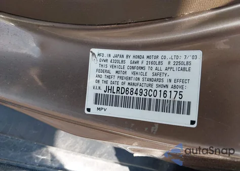 2003 Honda Cr-V Lx z USA, uszkodzony, nr VIN JHLRD68493C016175